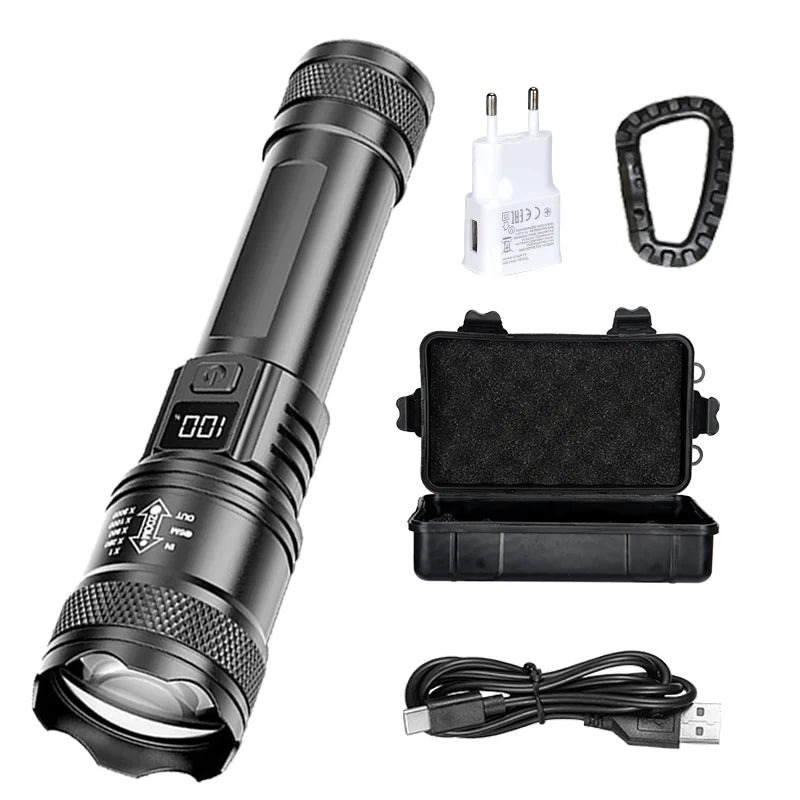 Linterna LED Recargable con Zoom y Pantalla LCD 3 Modos Impermeable Linterna de Mano de Alta Potencia para Camping al Aire Libre