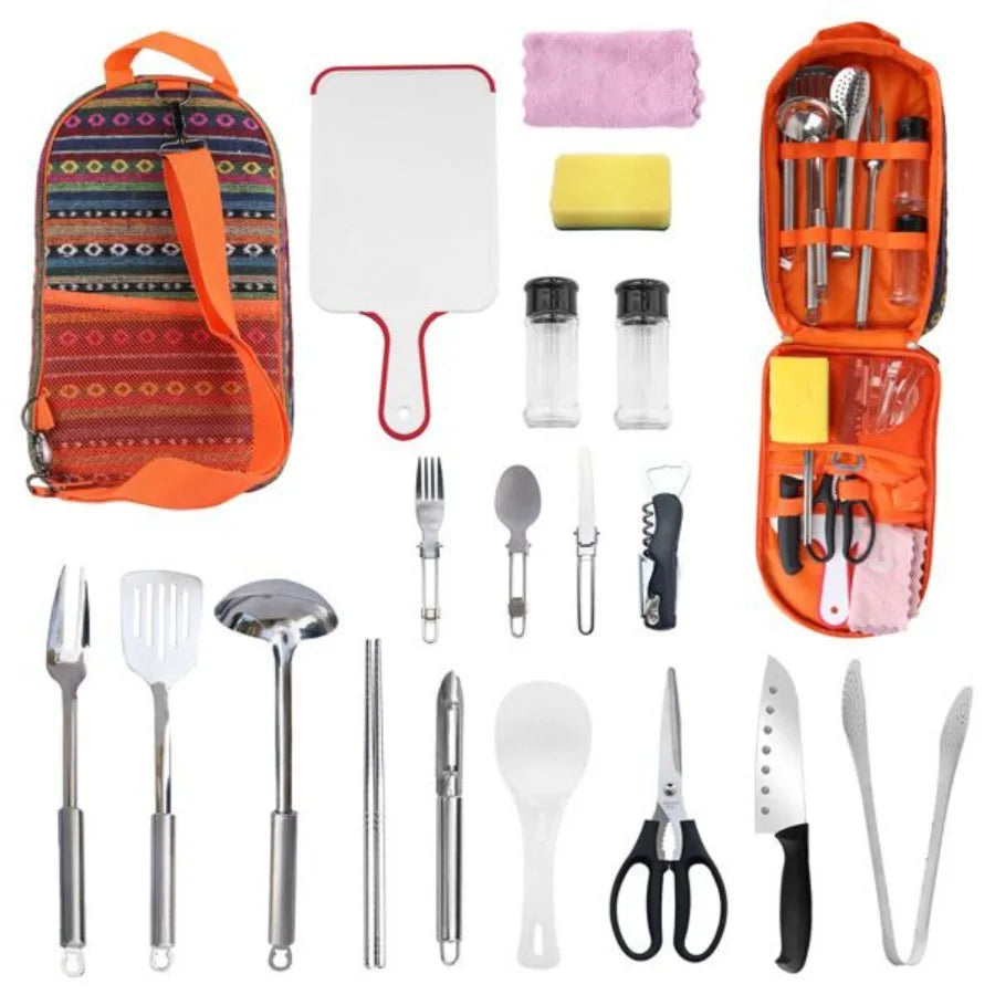Juego de utensilios de cocina para acampar de 19 piezas, kit portátil de utensilios de cocina para pícnic, equipo de cocina para exteriores, aparatos para barbacoa, fogata, con estufa