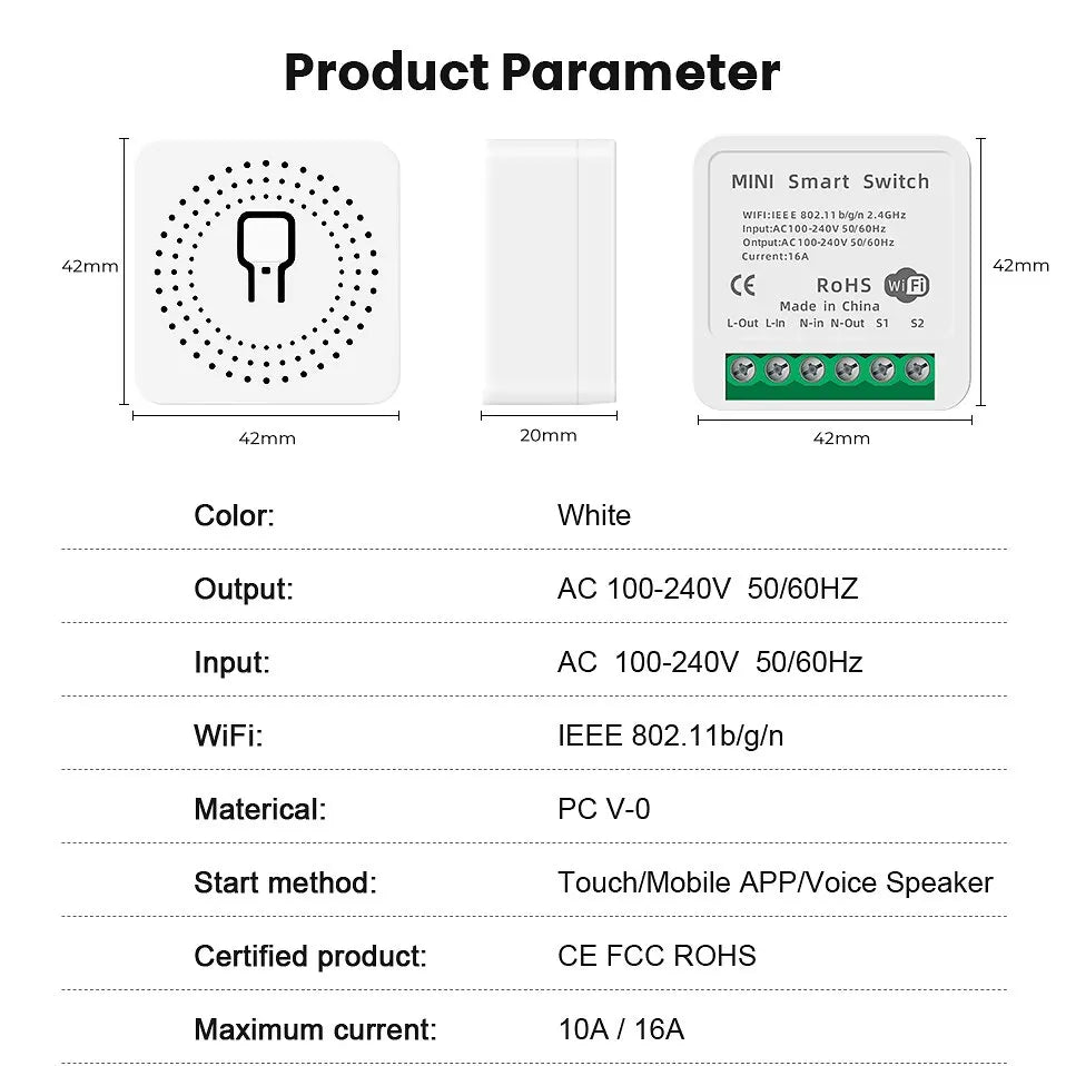 Tuya Mini Interruptor WiFi de 16A, Módulo de Automatización de Casa Inteligente, Control de 2 Vías con App Smart Life, Funciona con Alexa y Google Home