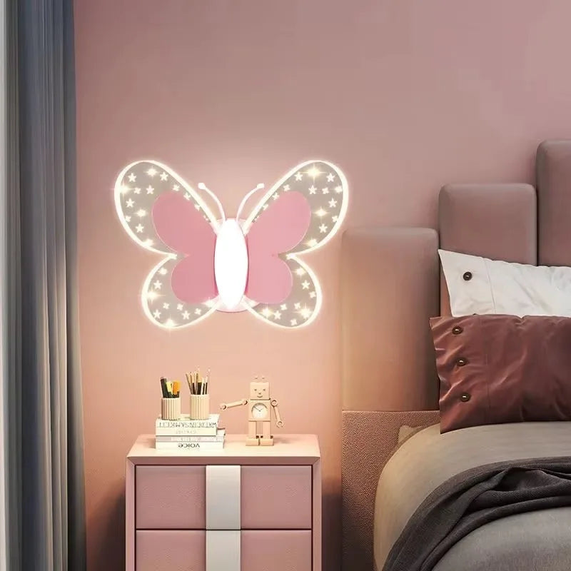 Lámpara de pared mariposa creativa para habitación infantil, apliques de pared rosa con interruptor de cordón, luces decorativas para mesita de noche, pasillo interior