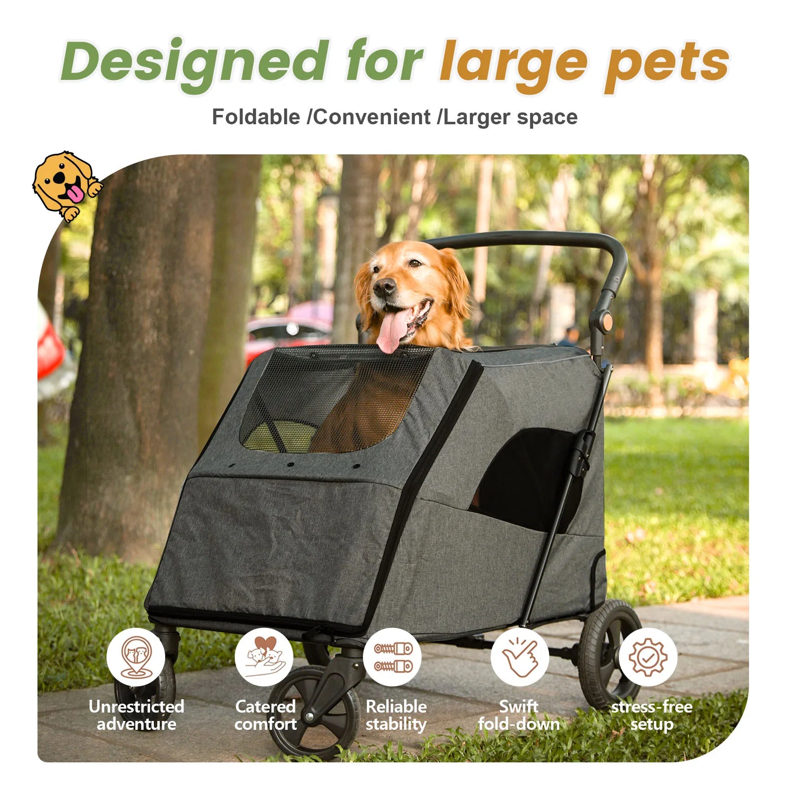 Cochecito para mascotas grandes, hasta 30 kg, manillar ajustable, silla de paseo plegable para perros, almacenamiento XXL, cochecito doble para gatos