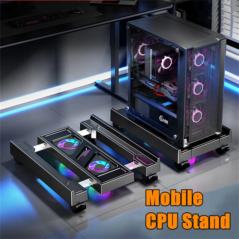 Soporte de torre de PC móvil, soporte de CPU de ordenador ajustable, soporte telescópico de escritorio para CPU, carrito de CPU con ventilador de refrigeración RGB, disipación de calor