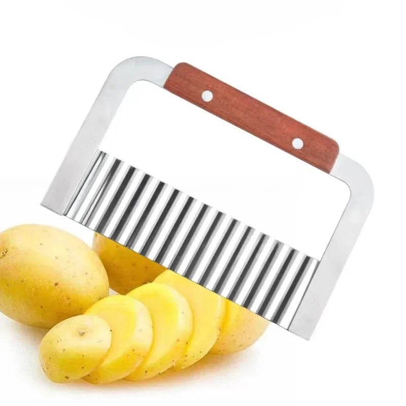Cuchillo de Acero Inoxidable con Mango de Madera para Patatas Onduladas, Cuchillo de Patata con Dientes de Lobo, Cuchillo Ondulado para Patatas Fritas, Cortador de Patatas, Herramienta de Cocina
