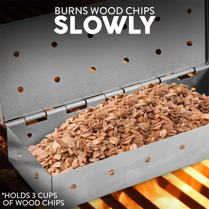Caja ahumadora para barbacoa, de acero inoxidable, caja ahumadora de astillas de madera con tapa con bisagras, caja de humo resistente para barbacoa de carbón YY224