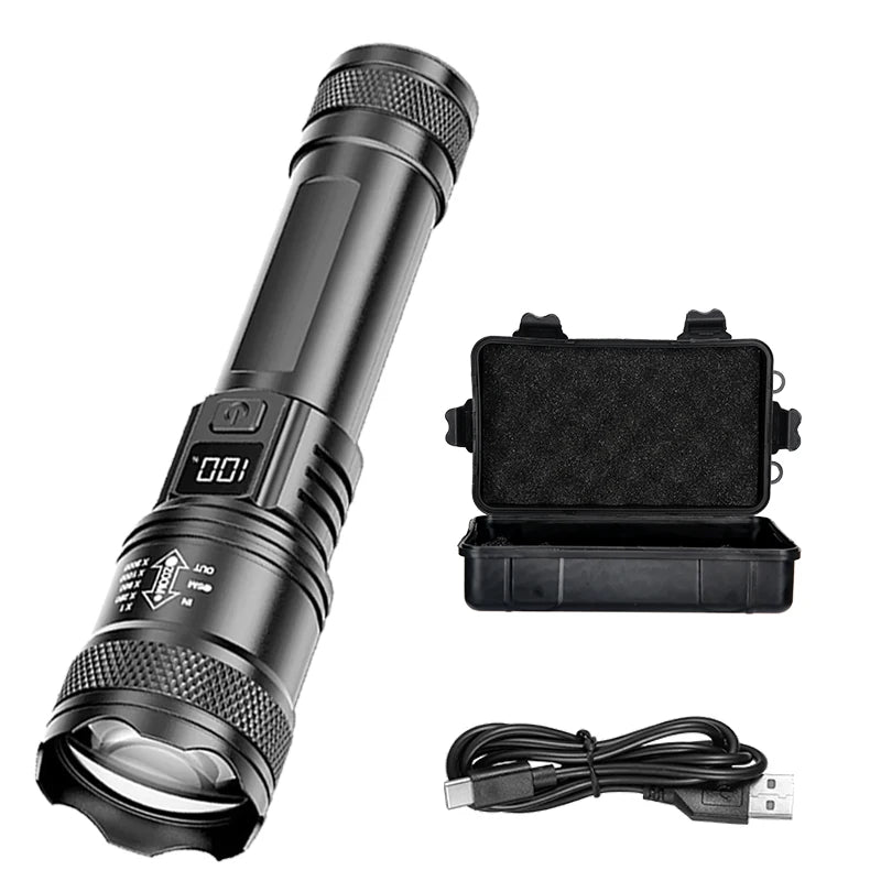 Linterna LED Recargable con Zoom y Pantalla LCD 3 Modos Impermeable Linterna de Mano de Alta Potencia para Camping al Aire Libre