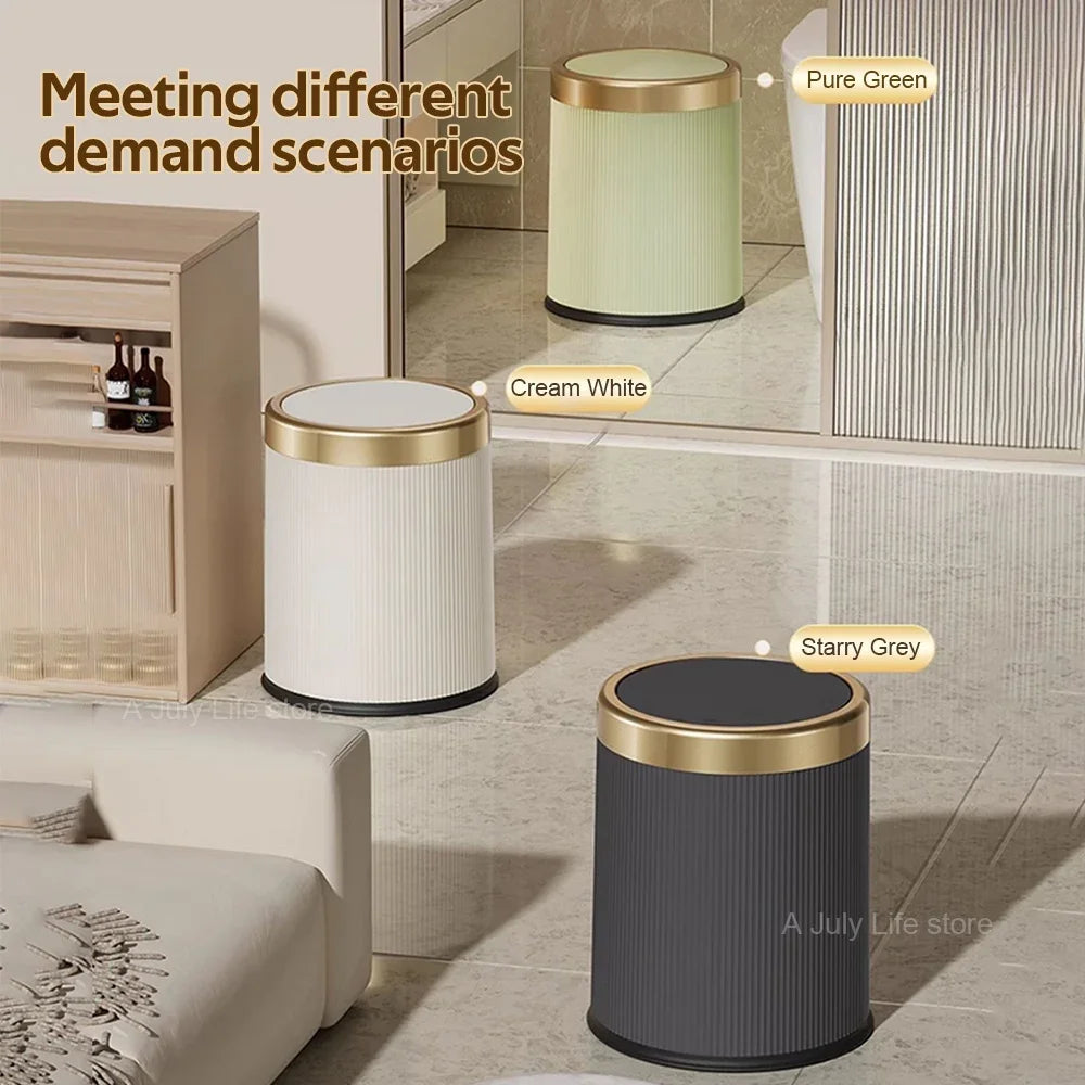 Cubo de Basura con Tapa, Tipo Prensa, Estilo Lujo Ligero, para Oficina, Sala de Estar, Baño, Papelera Redonda con Cubo Interior Extraíble