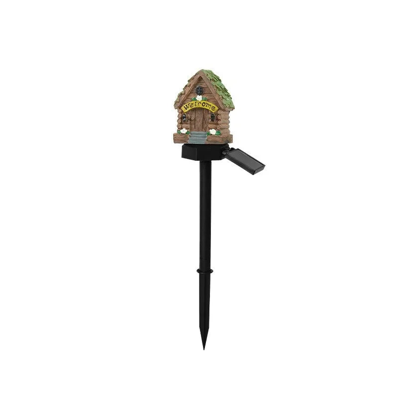Luz Solar LED para Césped, Casa de Hadas en Miniatura con Múltiples Artesanías, Decoración Exterior Alimentada por Energía Solar, Lámpara LED de Jardín, Casa de Resina, Lámpara de Navidad