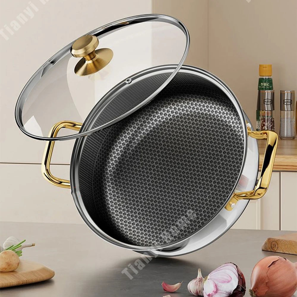 30cm Acero Inoxidable Sartén Antiadherente Olla para Sopa Wok con Tapa Cocina Doméstica Inducción Panal de Abeja Olla de Gas Estofado Utensilios de Cocina
