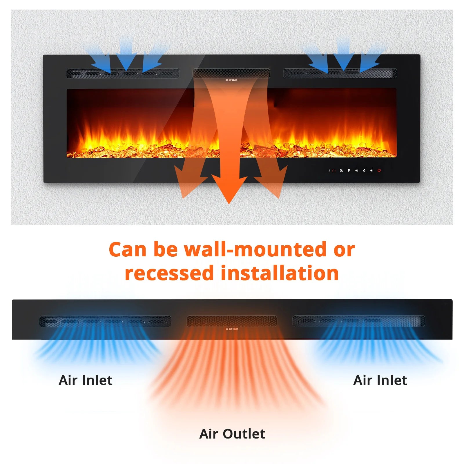 Inserto de chimenea eléctrica de 50 pulgadas, marco ultra estrecho, chimeneas de pared con 3 modos de calefacción, 12 colores de llama y control remoto