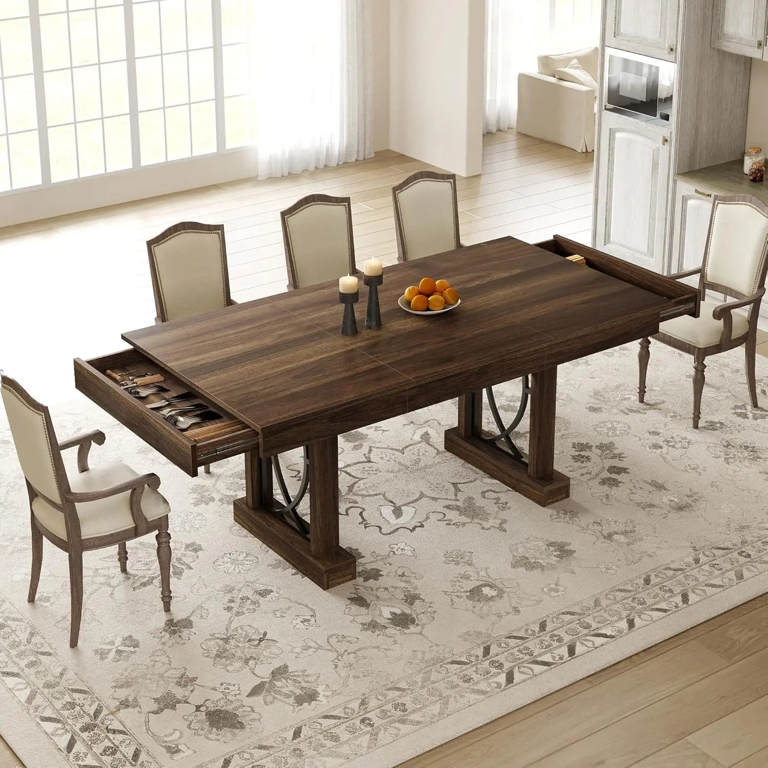 Mesa de cocina rectangular de madera con doble pedestal y tablero grande, mesa de comedor para 6-8 personas con 2 cajones, nogal