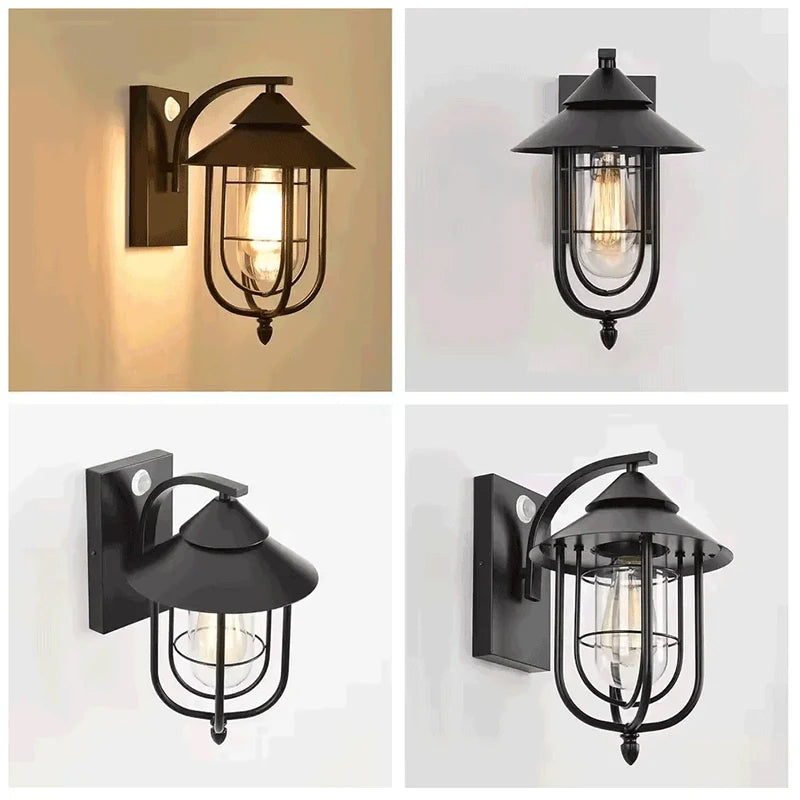 Iron Vintage Outdoor Wall Lamps E27 Base Waterproof Motion Sensor Wall Sconces Porch Yard Garden Rustic Decor Lighting