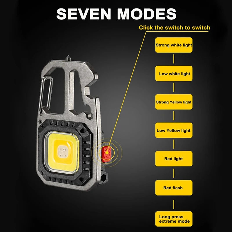 Linterna de trabajo portátil Mini LED tipo llavero Linterna de bolsillo recargable por USB Lámpara de camping al aire libre con martillo rompeventanas abridor de botellas