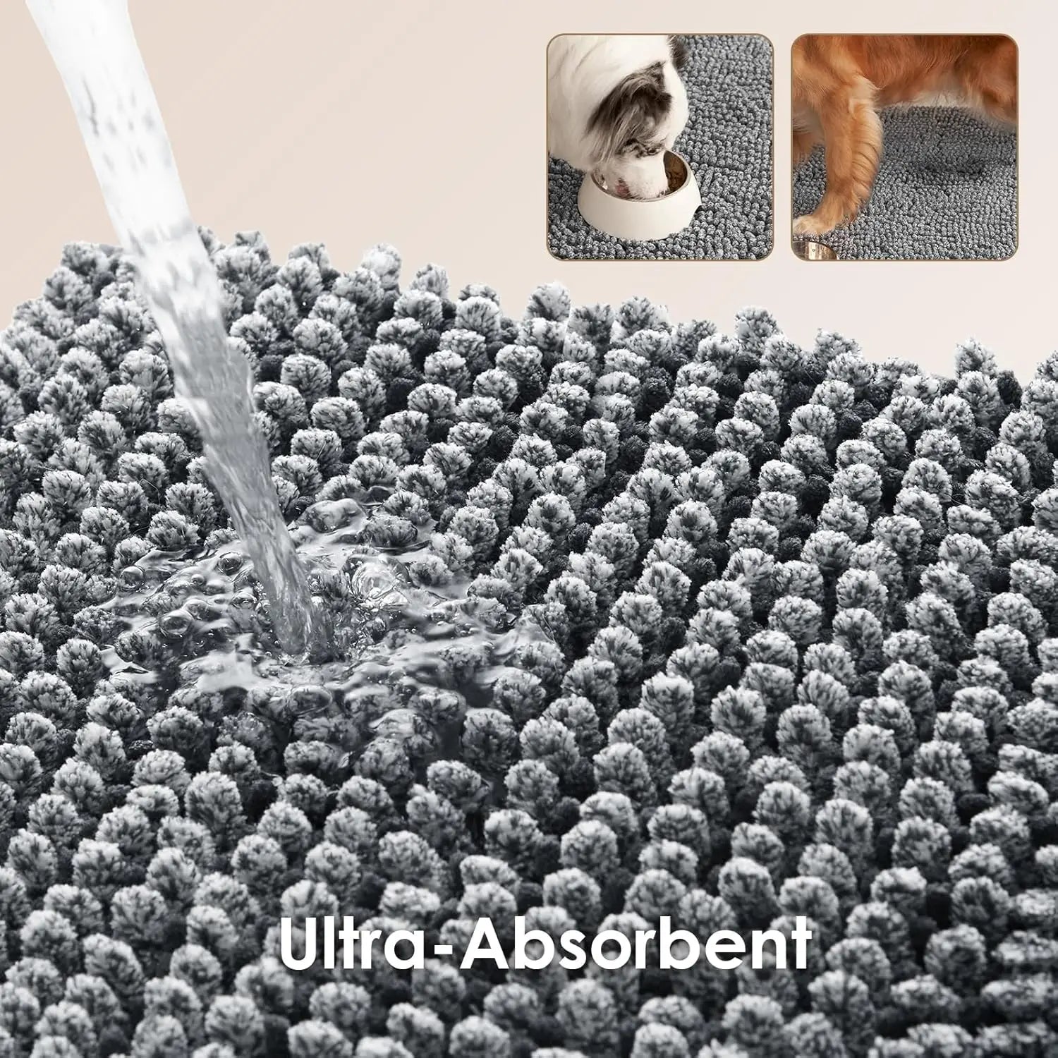 Alfombrilla Súper Absorbente para Perros para Patas Enlodosadas, Alfombra para Mascotas Lavable de Secado Rápido, Antideslizante para Entrada Interior o Exterior, Gris