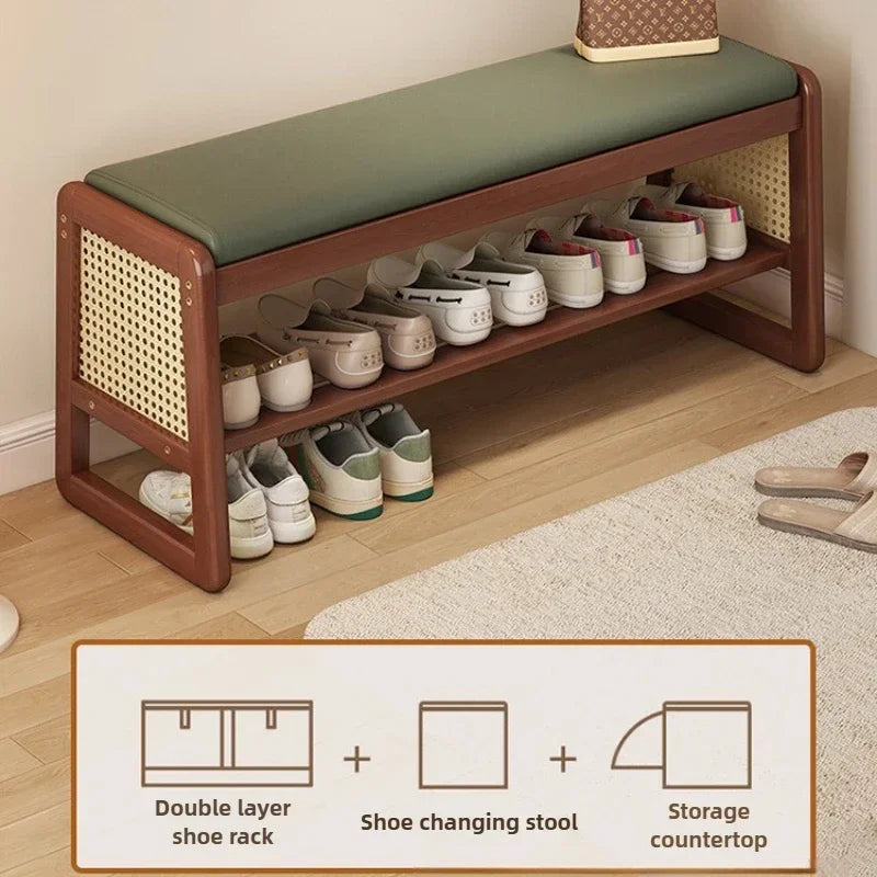 Taburete para cambiarse los zapatos de tela Teng, para puerta de entrada, puerta del hogar, almacenamiento multicapa, madera maciza, se puede sentar en el taburete para zapatos