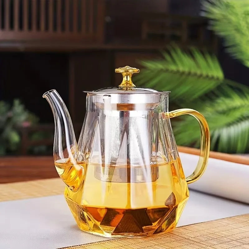 JUSTINLAU Tetera de vidrio resistente al calor, borosilicato transparente, teteras con infusor de acero inoxidable extraíble, juego de utensilios para té