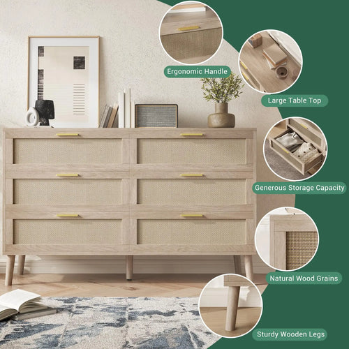 Cómoda de mimbre de 47.2" con 6 cajones, estilo moderno de mediados de siglo con tiradores dorados, cómoda de gran almacenaje para dormitorio o recibidor