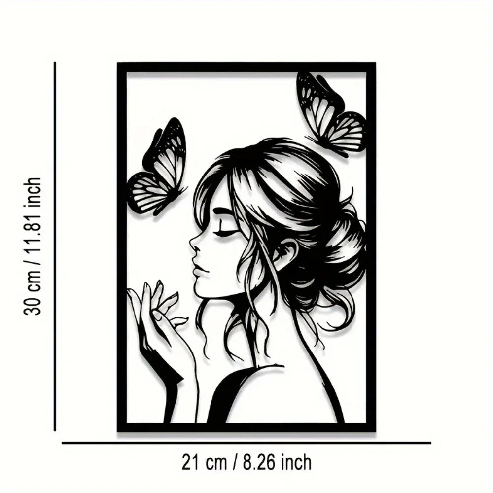 Arte de Pared de Metal con Mujer y Mariposa – Elegante Decoración Enmarcada para Habitación, Patio, Terraza, Regalo Perfecto para Ella