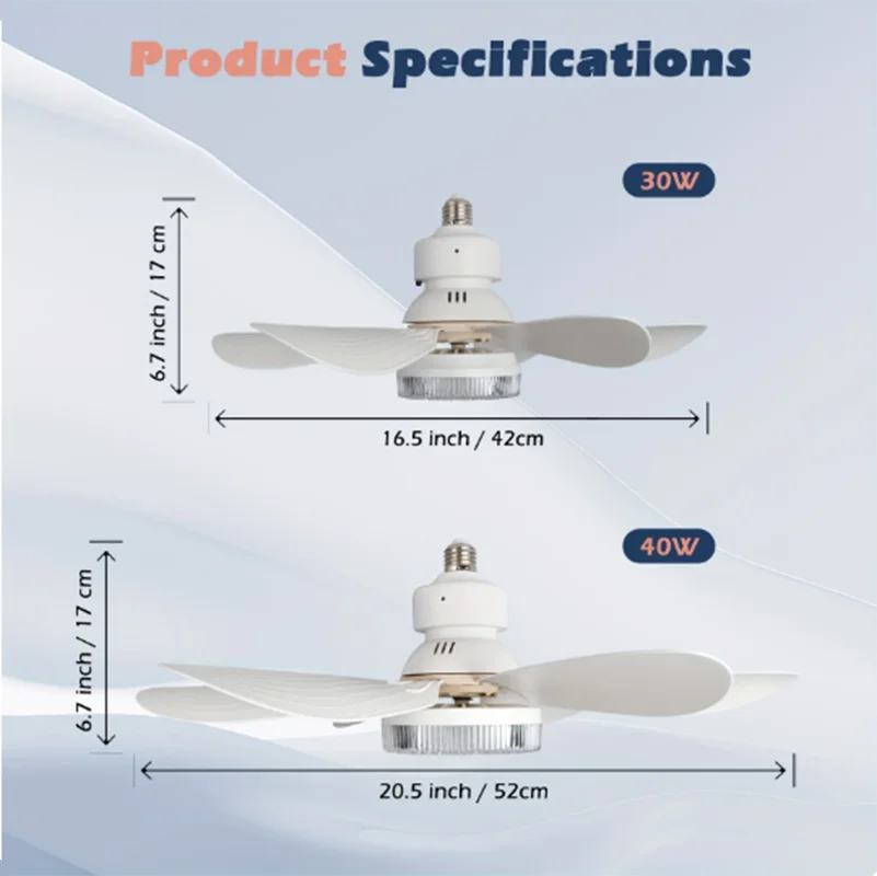 Pequeño Ventilador de Techo con Luz Tipo Tornillo E27 con Control Remoto para Sala de Estar Dormitorio 40W LED Lámparas de Ventilador Cocina Decoración del Hogar