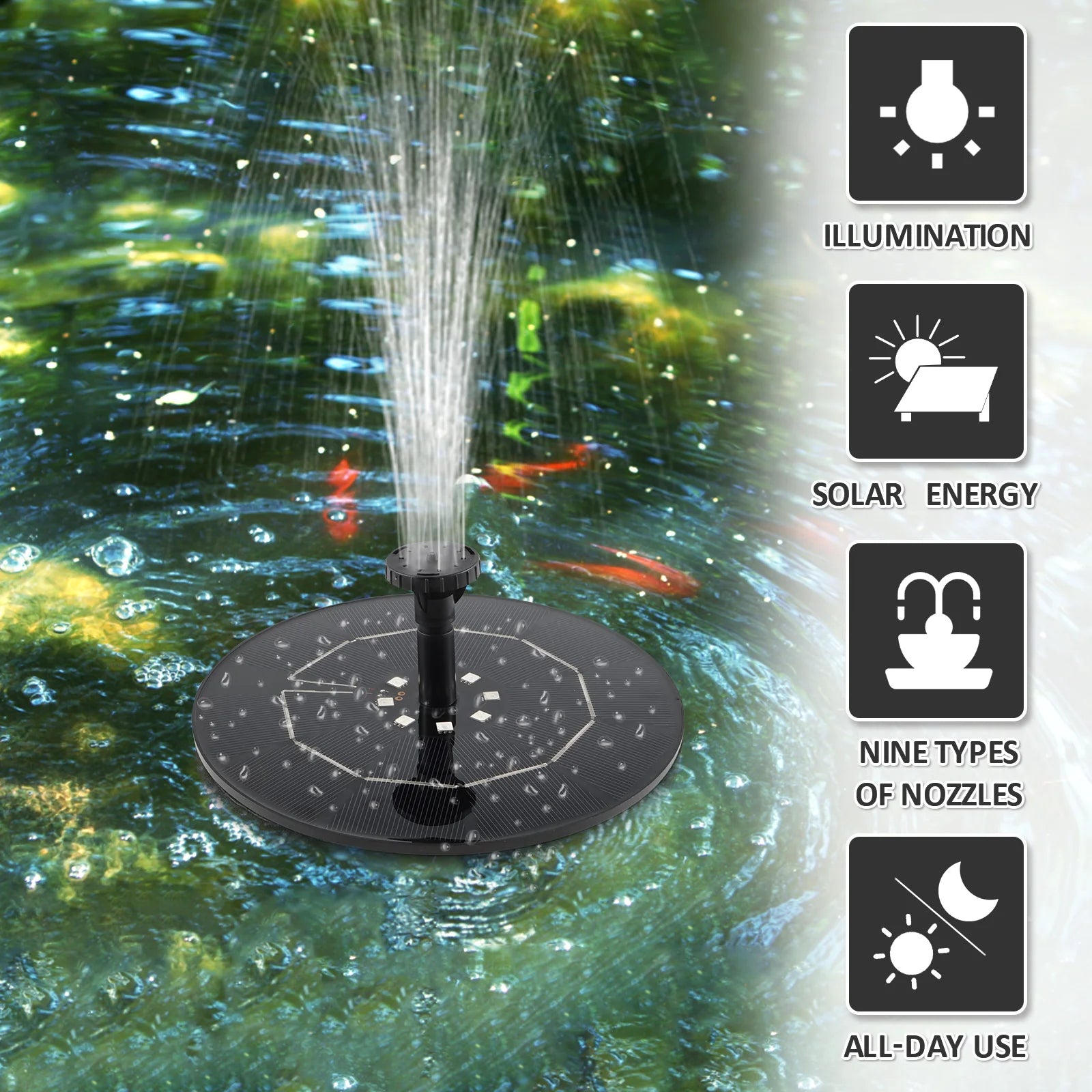 Fuente solar colorida de 1W/2.5W, flotante, para baño de pájaros, jardín, estanque, bomba de fuente de agua solar para decoración de jardín exterior