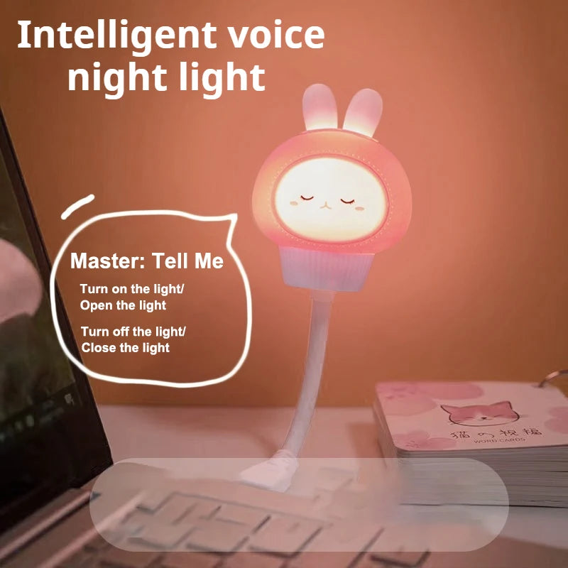 USB Luz de noche LED con control de voz, linda lámpara de noche de dibujos animados de oso, gatito con control remoto para decoración de dormitorio de bebé, lámpara de mesita de noche