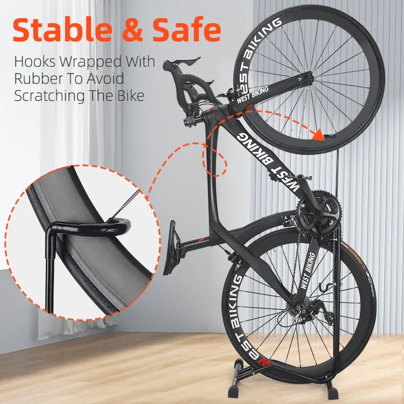 WEST BIKING Soporte de estacionamiento para bicicleta 3 en 1, estante de almacenamiento multifuncional para bicicleta de interior, garaje, soporte de reparación y mantenimiento para MTB y bicicleta de carretera.