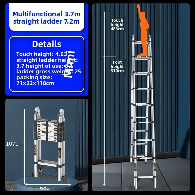 Escalera telescópica de acero inoxidable engrosada, escalera recta plegable tipo espiga, escalera portátil para el hogar