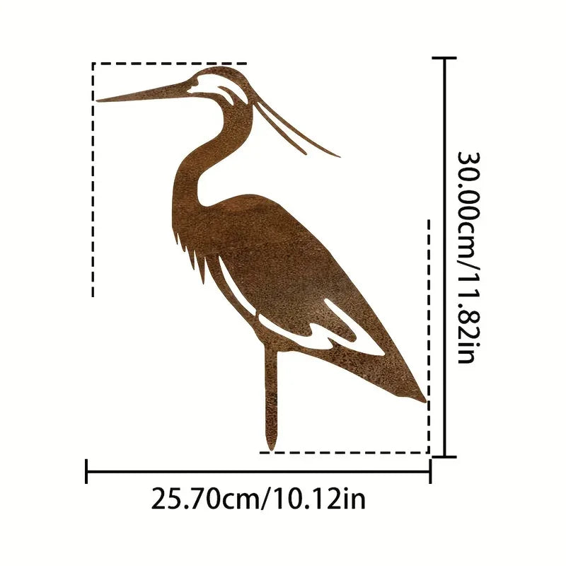 Estatua de jardín de grúa de metal oxidado - Escultura contemporánea de pájaro garza, resistente a la intemperie, para césped y exterior