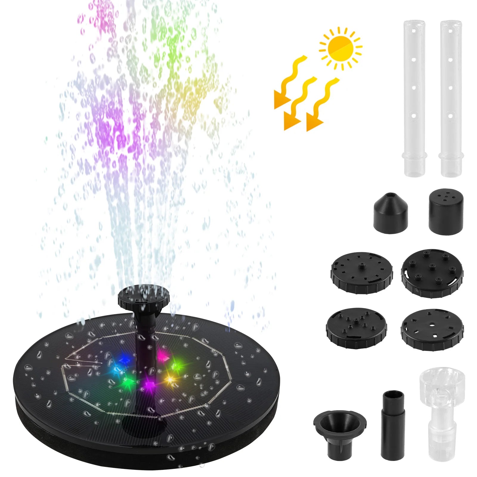 Fuente solar colorida de 1W/2.5W, flotante, para baño de pájaros, jardín, estanque, bomba de fuente de agua solar para decoración de jardín exterior