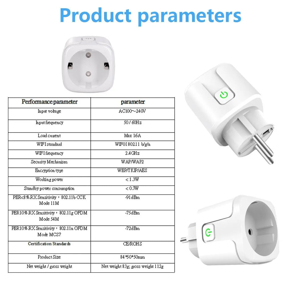 Enchufe Inteligente WiFi EU 16A/20A con Monitor de Energía y Función de Temporización, Compatible con Tuya Smart Life, Alexa y Google Home