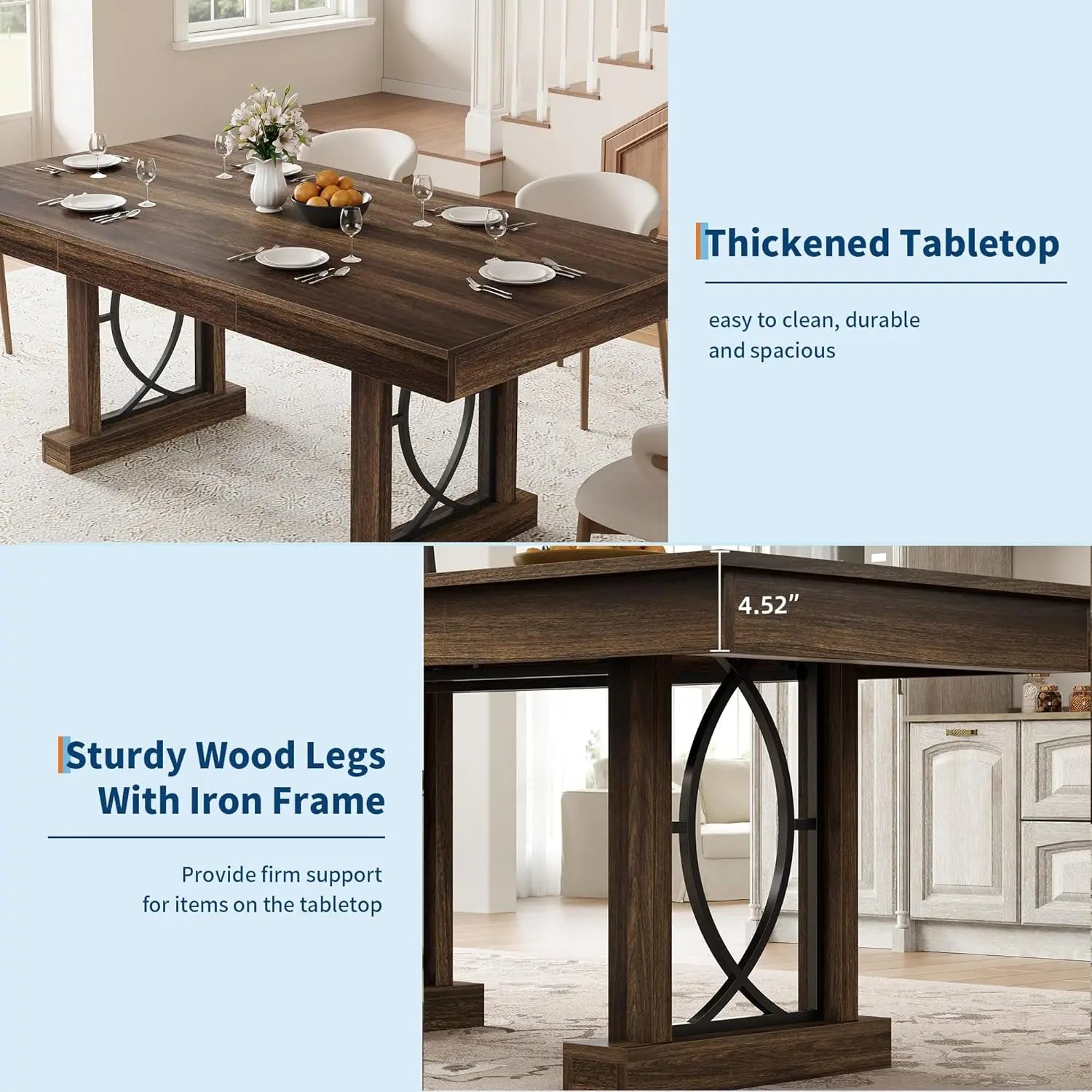Mesa de cocina rectangular de madera con doble pedestal y tablero grande, mesa de comedor para 6-8 personas con 2 cajones, nogal