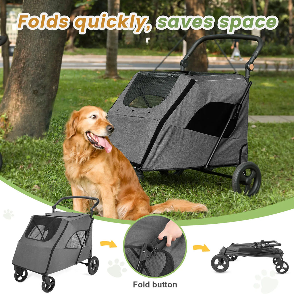 Cochecito para mascotas grandes, hasta 30 kg, manillar ajustable, silla de paseo plegable para perros, almacenamiento XXL, cochecito doble para gatos