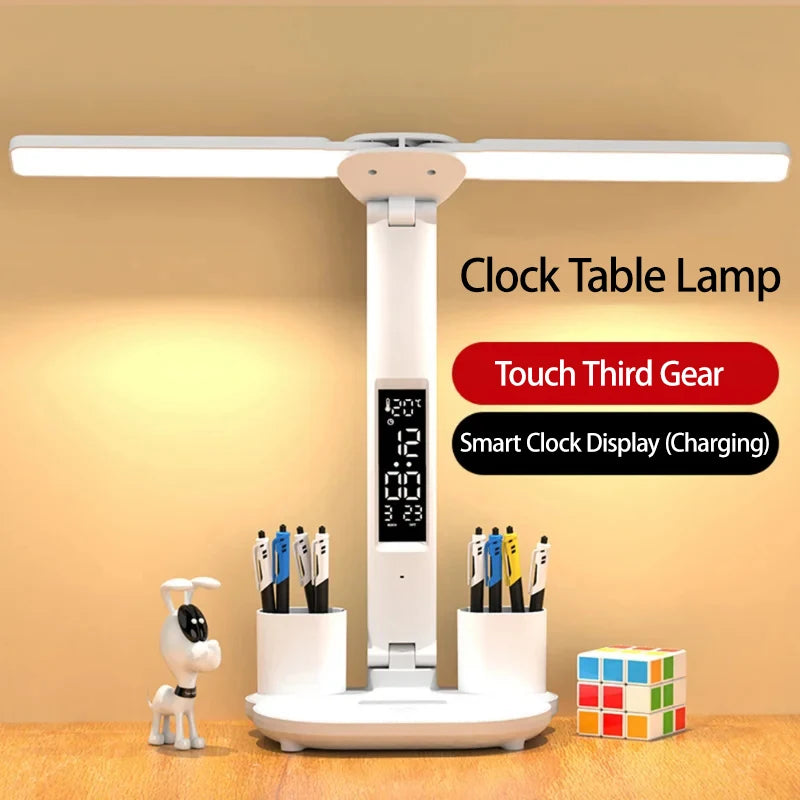 Lámpara de escritorio LED, ventilador portátil plegable, lámpara con reloj de pantalla inteligente, lámpara de escritorio recargable por USB, luz de escritorio para lectura y estudio con protección ocular.