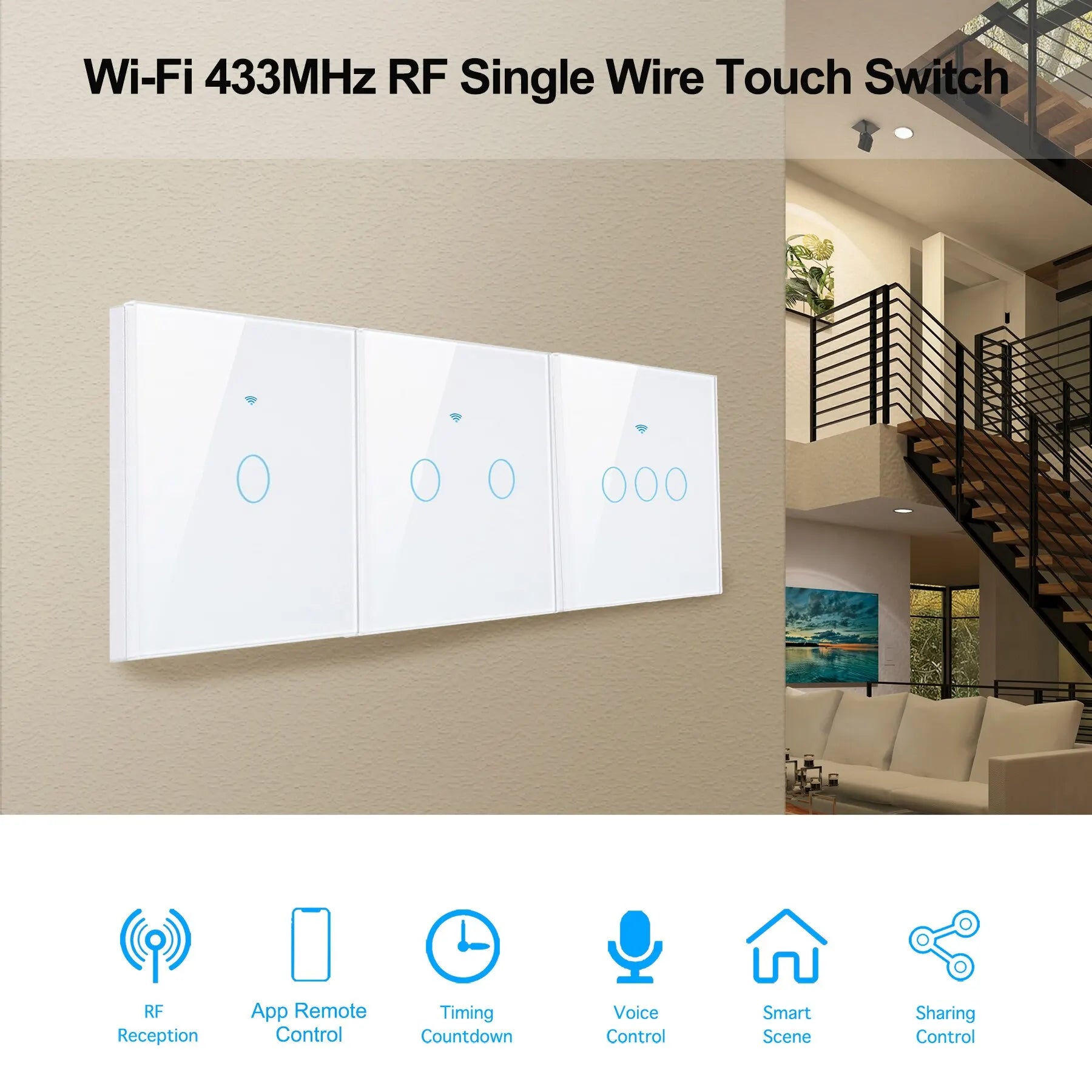 Funciona con interruptor inteligente Tuya WiFi. Funciona con Alexa con/sin cable neutro. Interruptor sensor táctil de pared RF433 inalámbrico.