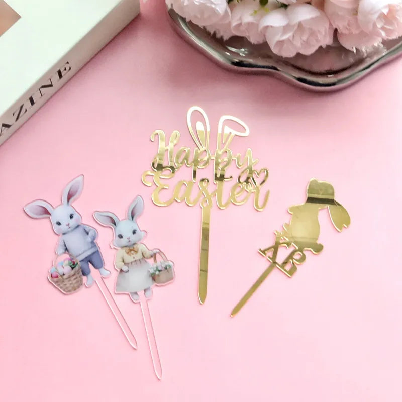 Colored Rabbit Easter Happy Cake Topper Dessert Decorations Gold Acrylic Kids Party Festival Cake Toppers Easter Baking Supplies