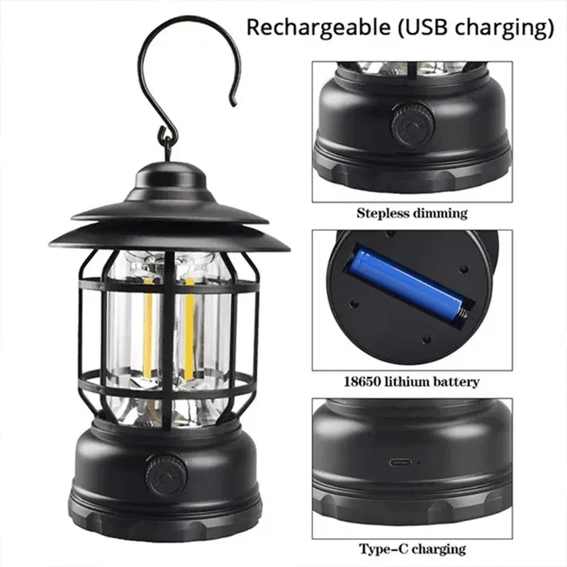 Paquete de 2 farolillos de camping recargables por USB, alimentados por batería, luz retro para camping, resistente al agua, lámpara LED colgante para tienda de campaña para senderismo y pesca