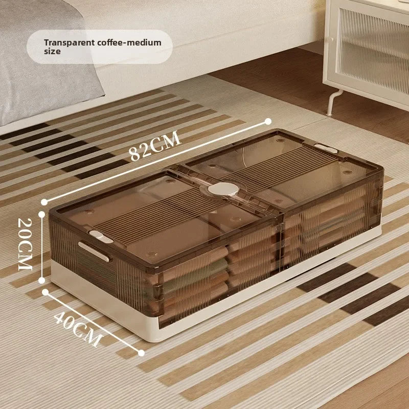 Caja de almacenamiento plegable debajo de la cama. Caja de almacenamiento transparente de plástico extragrande con ruedas a prueba de polvo. Caja organizadora de ropa y edredones.