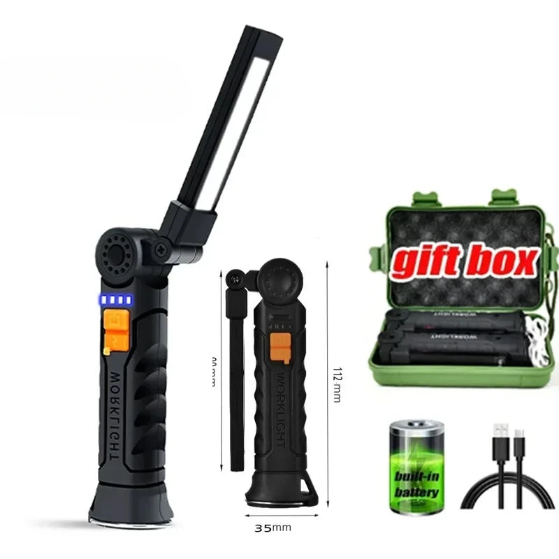 Linterna LED plegable portátil, imán potente, luz de trabajo COB, recargable tipo C, reflector de emergencia, linterna de camping para exteriores