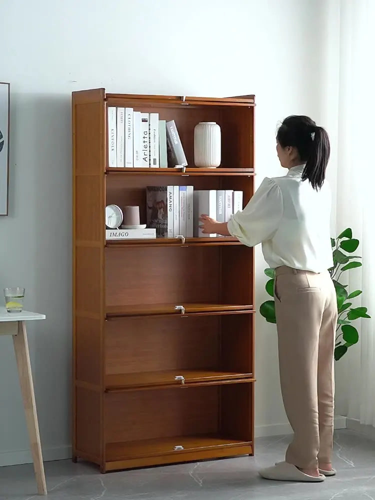Estantería moderna de bambú con puertas abatibles, estantería de 4/5/6 niveles para sala de estar, dormitorio u oficina