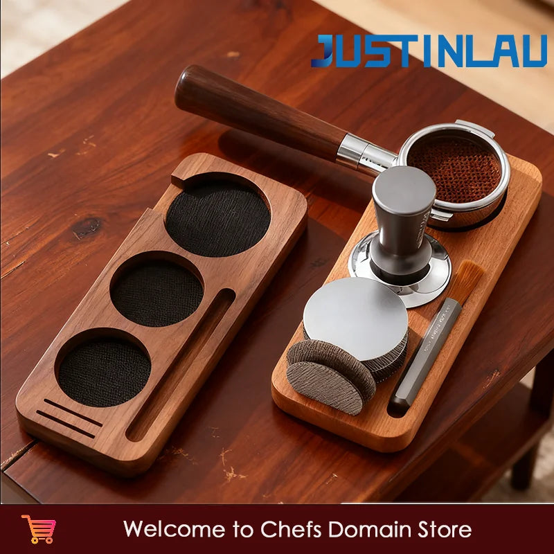 JUSTINLAU Soporte de estación de tapete para apisonador de café de 51/53mm/58mm, soporte para portafiltro, cepillo de café de madera, distribuidor de filtro, base de almacenamiento