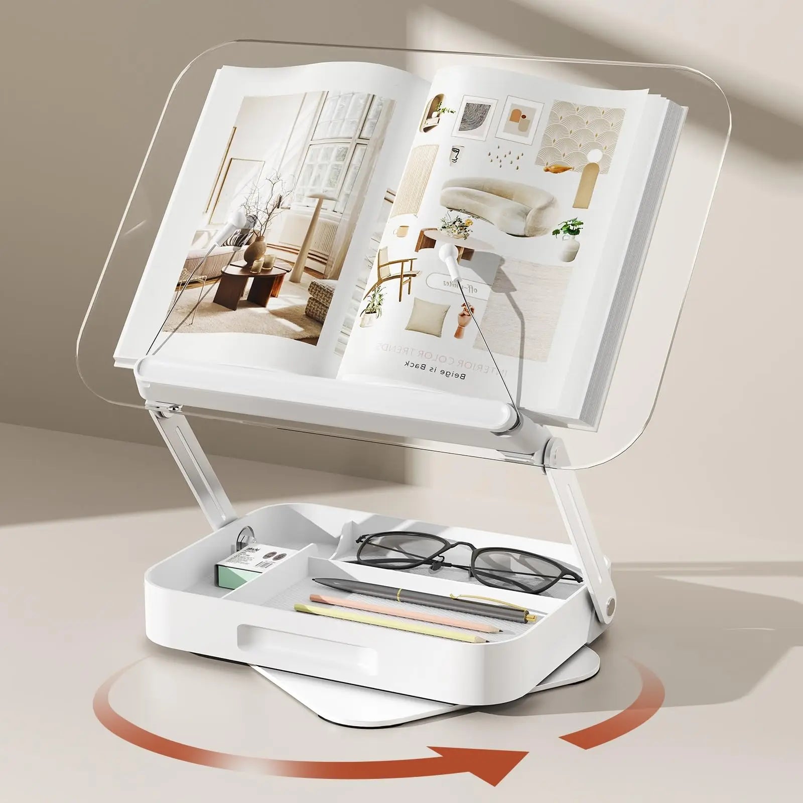 Nuevo soporte acrílico para libros con almacenamiento para lectura, soporte ajustable para libros con base giratoria de 360°, soporte elevador de escritorio plegable