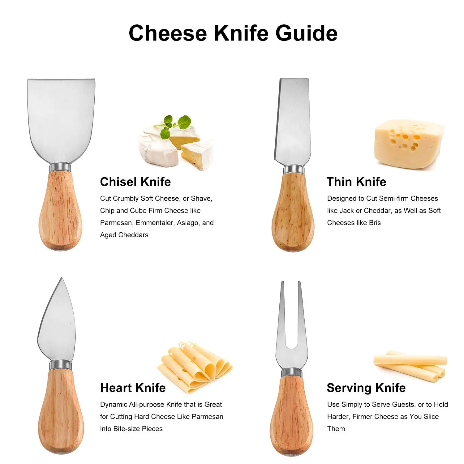 Juego de 4 cuchillos para queso de acero inoxidable con mango de madera, cortador y esparcidor de mantequilla YY062
