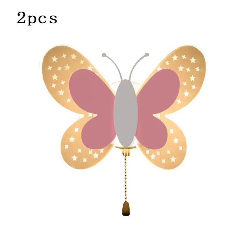 Lámpara de pared mariposa creativa para habitación infantil, apliques de pared rosa con interruptor de cordón, luces decorativas para mesita de noche, pasillo interior