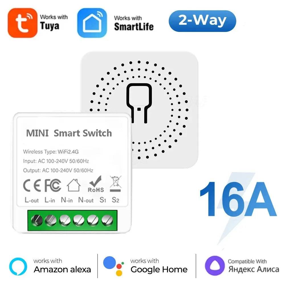 Tuya Mini Interruptor WiFi de 16A, Módulo de Automatización de Casa Inteligente, Control de 2 Vías con App Smart Life, Funciona con Alexa y Google Home