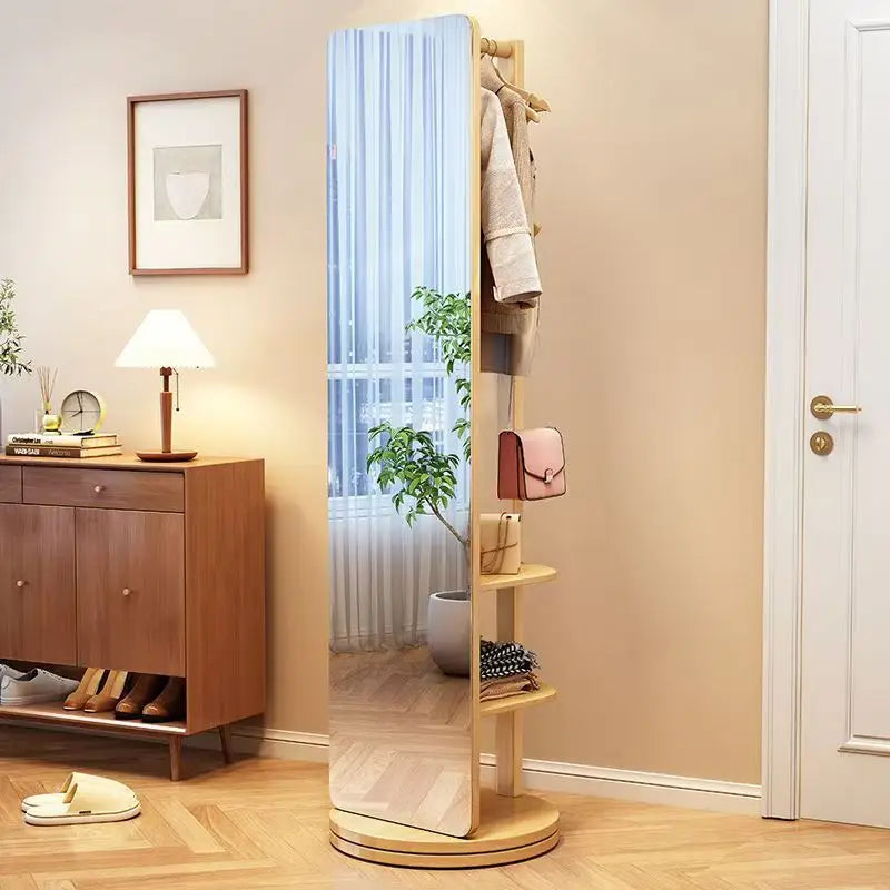 Espejo de vestir de madera maciza, espejo de cuerpo entero, espejo giratorio para el hogar, espejo de pie con colgador integrado, espejo para dormitorio.