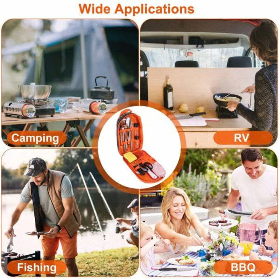 Juego de utensilios de cocina para acampar de 19 piezas, kit portátil de utensilios de cocina para pícnic, equipo de cocina para exteriores, aparatos para barbacoa, fogata, con estufa