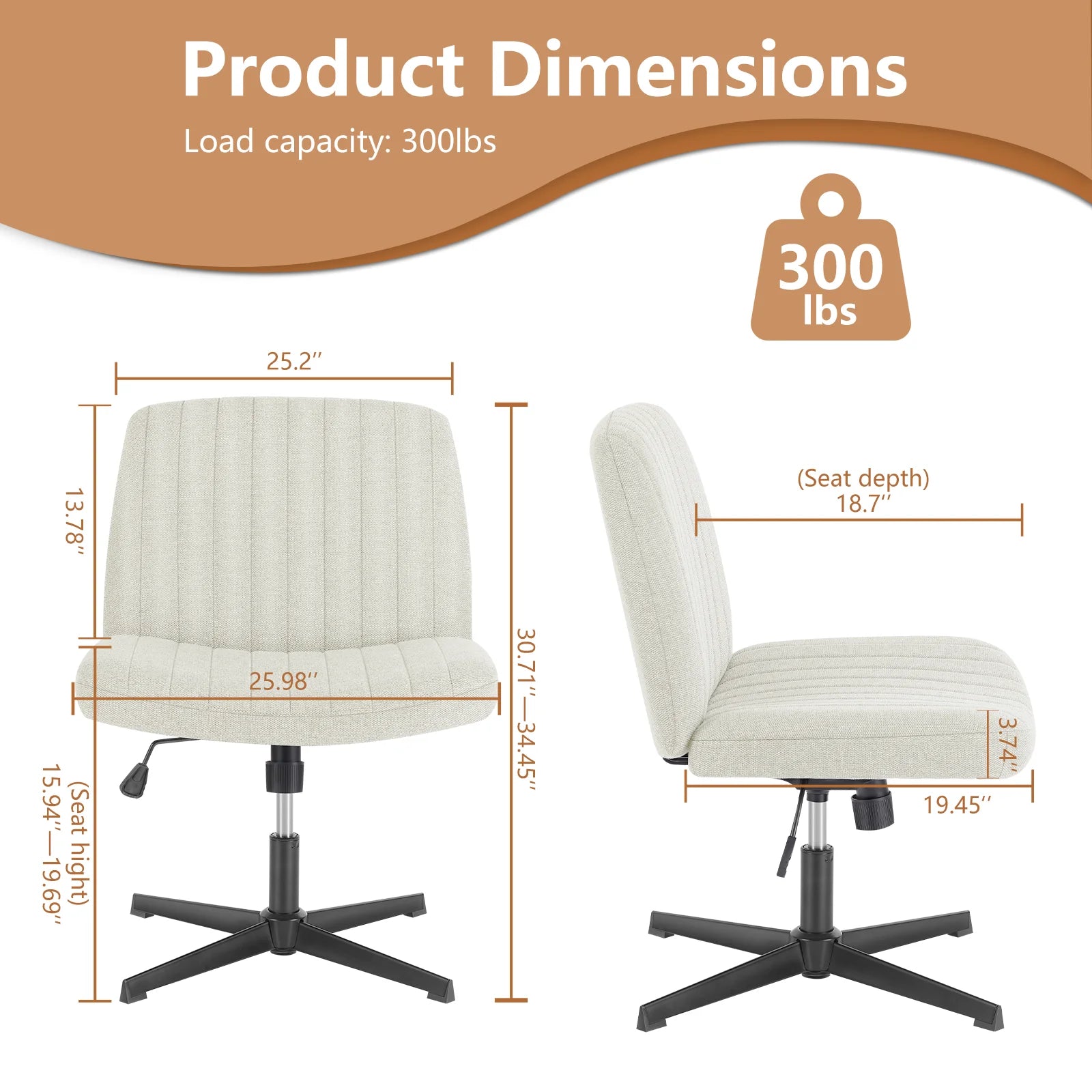 JHK Silla mecedora de oficina para sala de estar, sin brazos, escritorio ancho, ajustable, giratoria, de tela, para tocador y oficina en casa