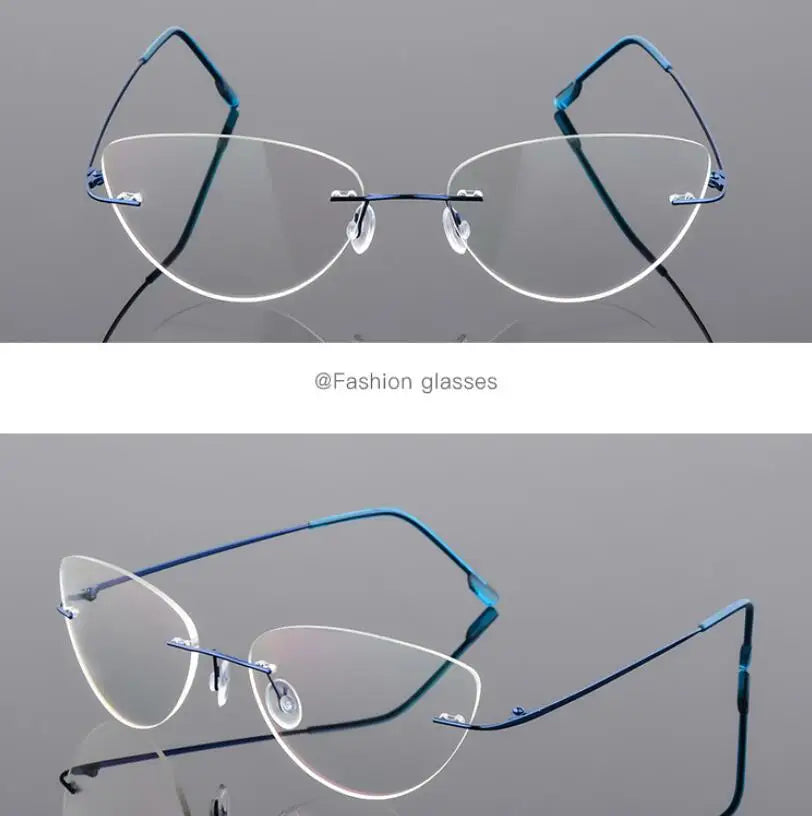 1.61 index Lens Frameless Cat Eye Myopia Eyeglasses Ultralight Rimless Blue Light Blocking Prescription Glasses -0.5 -0.75 to -6