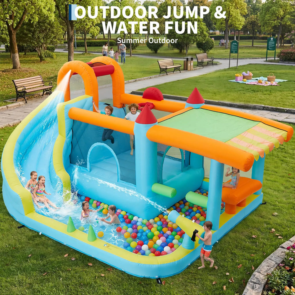 Castillo inflable de 14x10 pies, tobogán acuático húmedo y seco 12 en 1 con soplador de 450 W, castillo hinchable para niños para interior, exterior y jardín