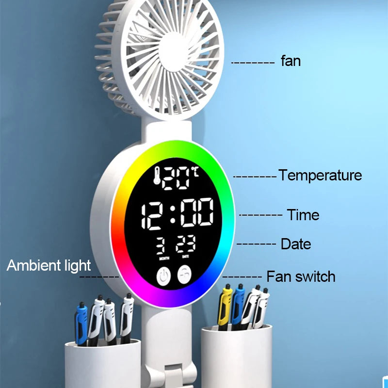 Lámpara de mesa LED recargable para estudio, luz de lectura, luz nocturna LED con ventilador, reloj LED, luz de escritorio de lectura
