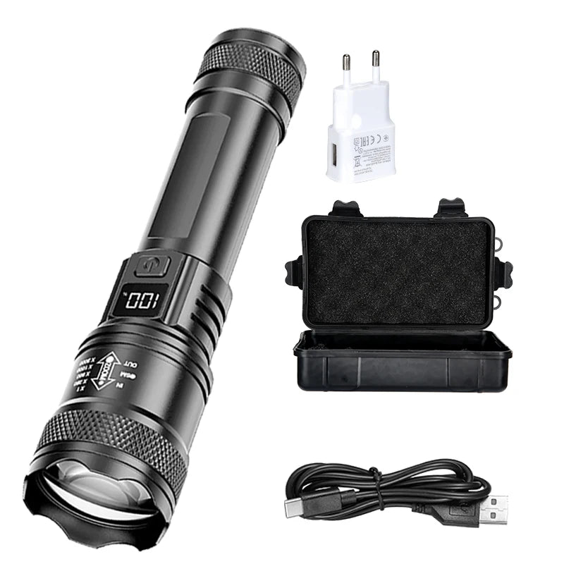 Linterna LED Recargable con Zoom y Pantalla LCD 3 Modos Impermeable Linterna de Mano de Alta Potencia para Camping al Aire Libre